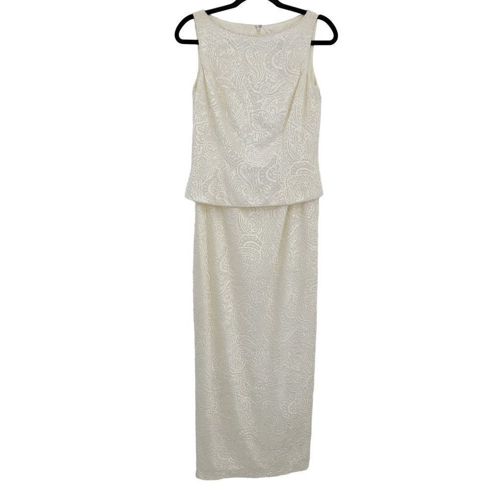 Vtg 80s Marie St. Claire Bridal Blouson Maxi Dress Sz 6 White‎ Embossed Beaded